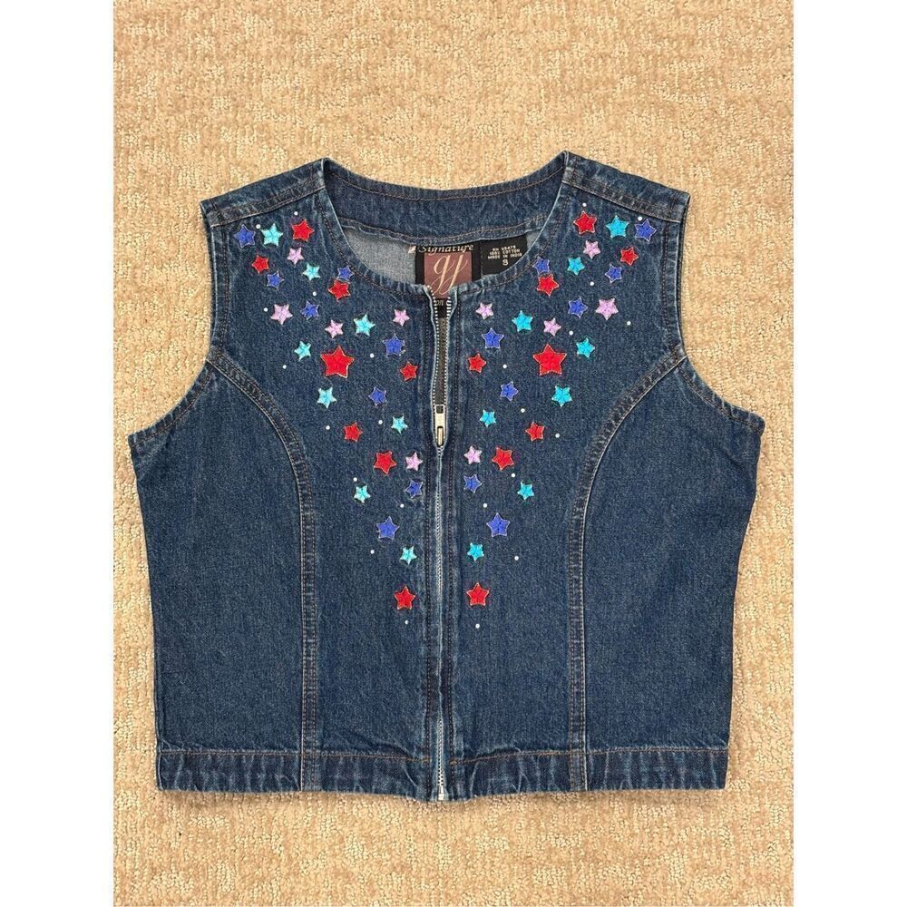 VTG Signature GJ Gordon & James Women's Embroidered Denim Vest Blue Small NWT